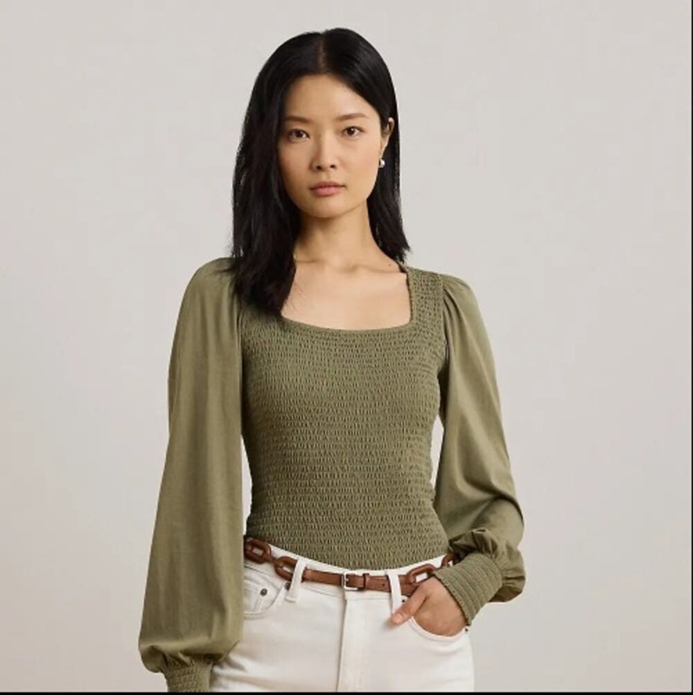 M  Olive M Top Green Ralph Lauren  Black Label  Smocked Jersey Blouson Blouse